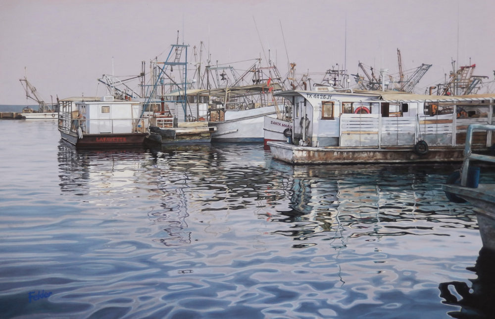Larry Felder painting of oyster boats at Fulton Harbor near the old Casterline's | Felder Gallery