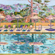 acrylic painting of poolside landscape by kitty dudics | Felder Gallery